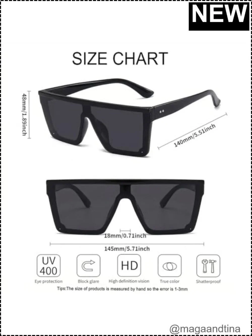 Oversized Flat Top Square Sunglasses UV400 Protection Unisex Large Frame